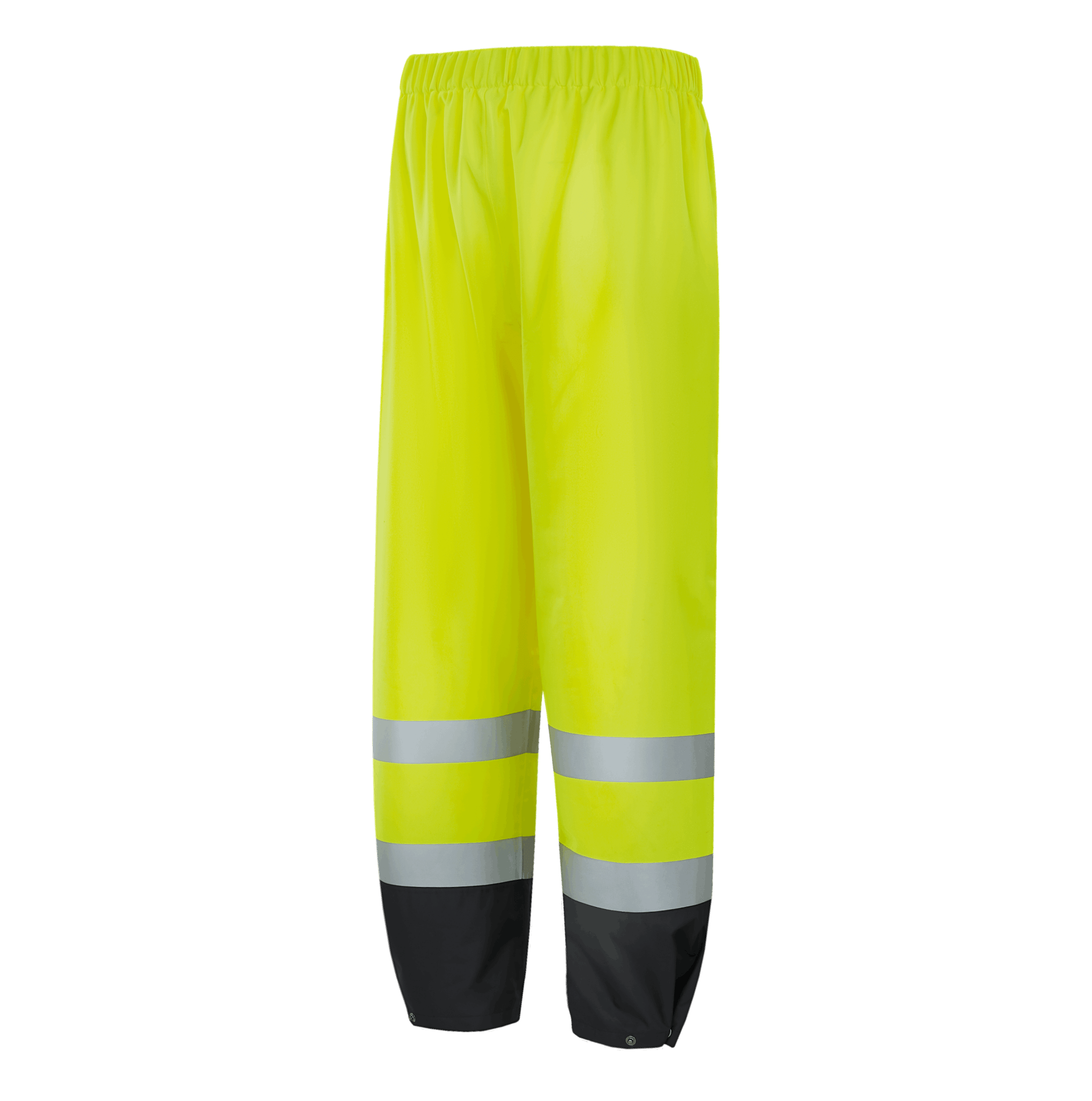 Hi-vis yellow WP101 SHEFFIELD rain pant, 300D Oxford with TPU, adjustable lower hem, two side pockets, sewn reflective tape, EN 20471 Class 1